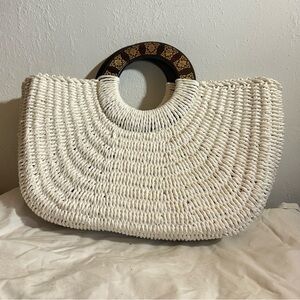 Coldwater Creek White Woven Tote with Wooden Handle